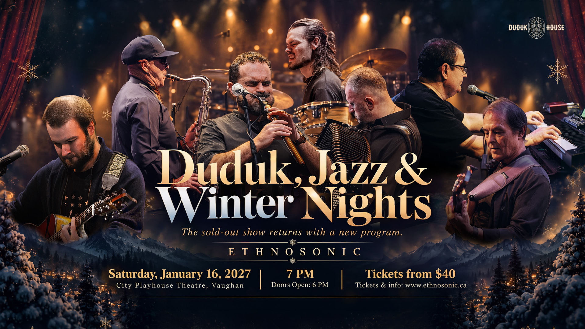 Duduk, Jazz and Winter Nights, Saturday, January 16, 2027 at 7 PM at City Playhouse Theatre in Vaughan. Tickets from $40.